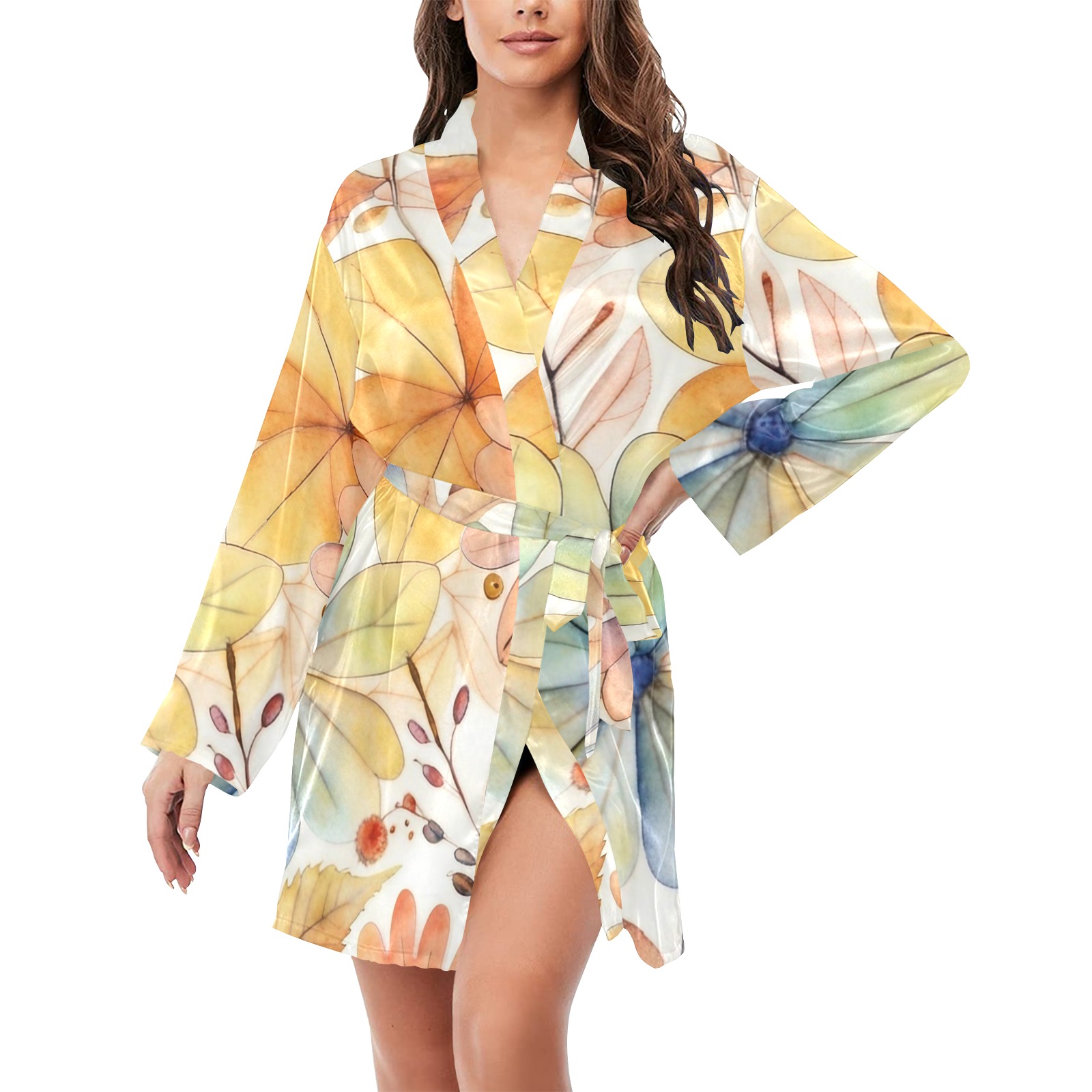 Watercolor Floral 2 Women's Long Sleeve Belted Night Robe
