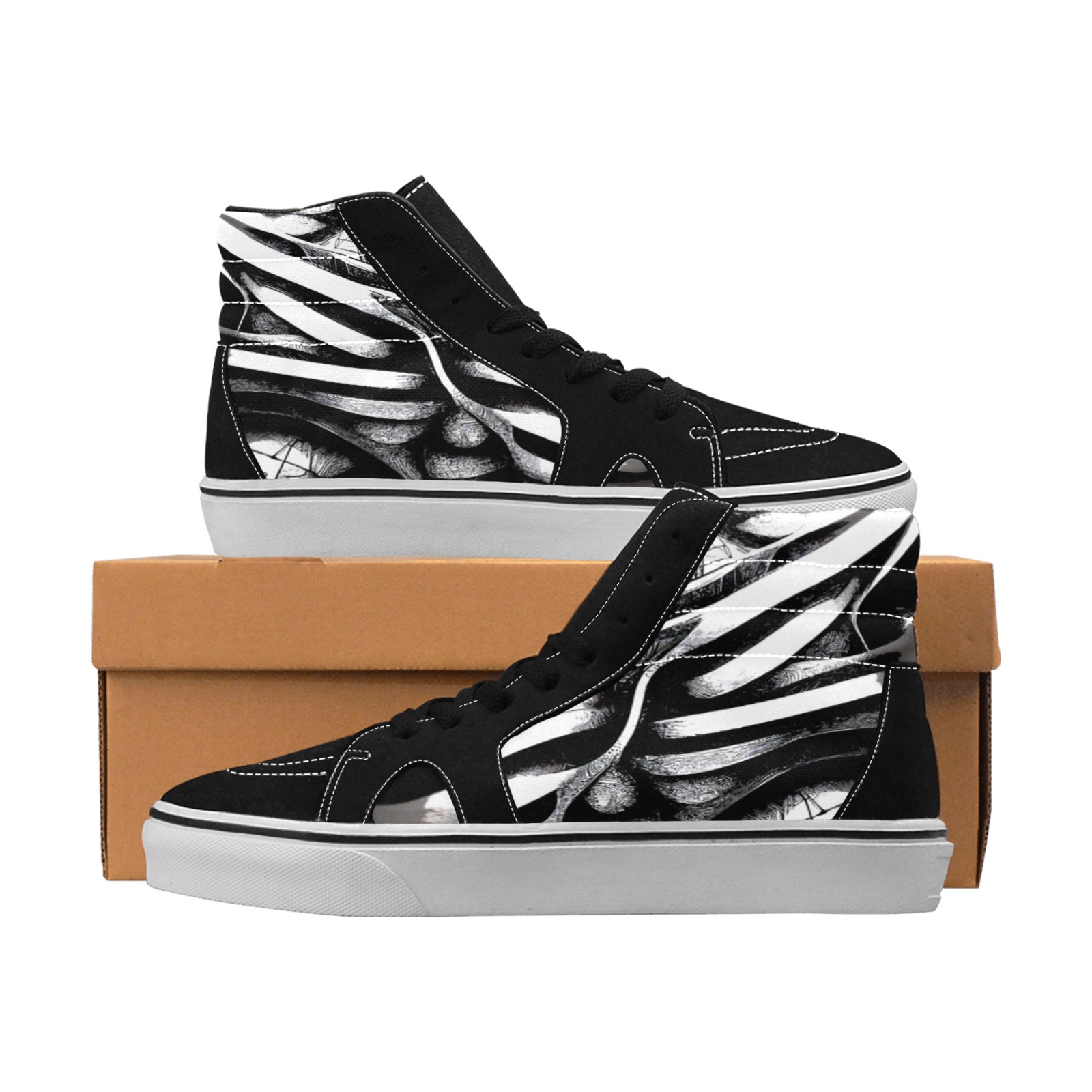 black and White abstract style Men's High Top Skateboarding Shoes (Model E001-1)