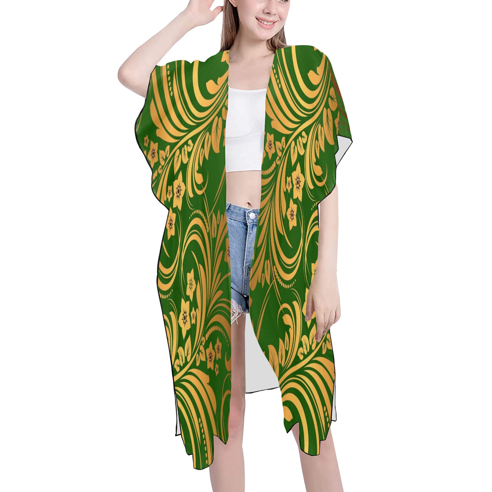 Green & Vintage Gold Floral Swirl Mid-Length Side Slits Chiffon Cover Ups (Model H50)