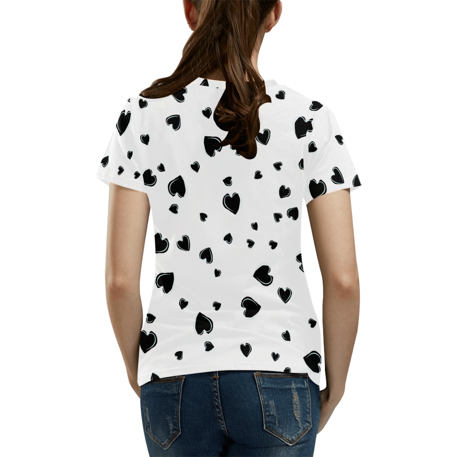 Black Hearts Floating on White All Over Print T-Shirt for Women (USA Size) (Model T40)