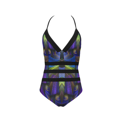 purple green fractal Lace Band Embossing Swimsuit (Model S15)