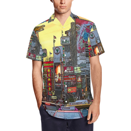 Chinatown in Bangkok Thailand - Altered Photo Men's Short Sleeve Shirt with Lapel Collar (Model T54)