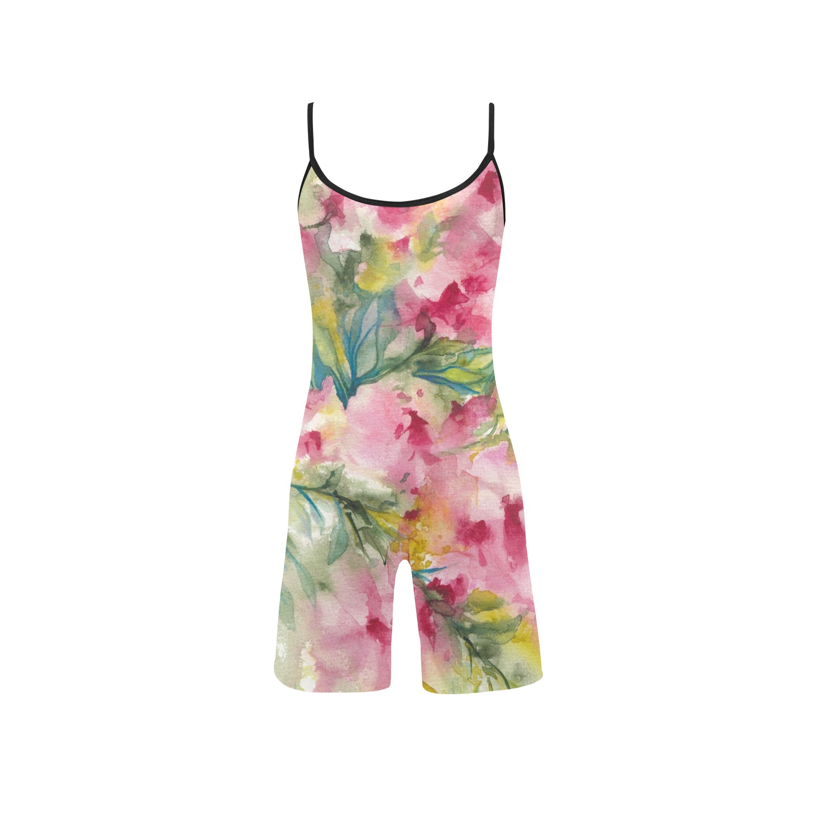 Pink Dreamy Floral Watercolor Women's Short Yoga Bodysuit