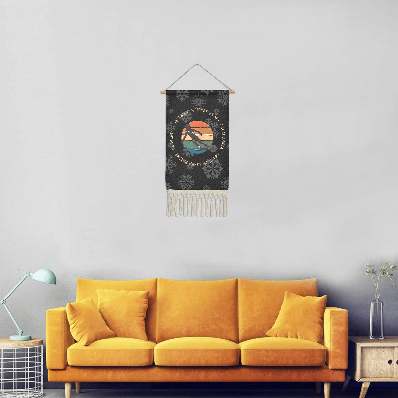Ski Heavenly, California - Woman Skier, Gold Text Linen Hanging Poster