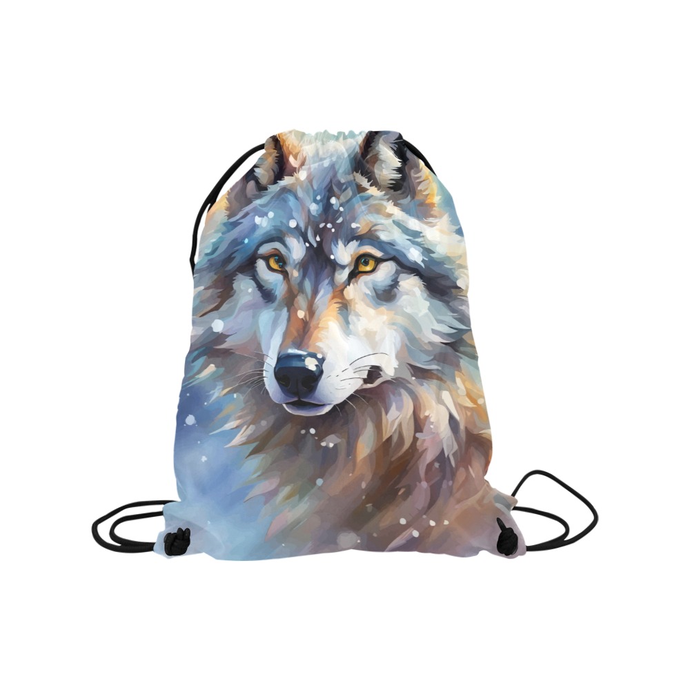 Cute gray wolf animal winter forest snow cool art Medium Drawstring Bag Model 1604 (Twin Sides) 13.8"(W) * 18.1"(H)