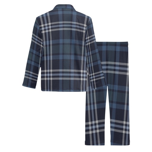 Blue Plaid PJ 2024 Men's V-Neck Long Pajama Set