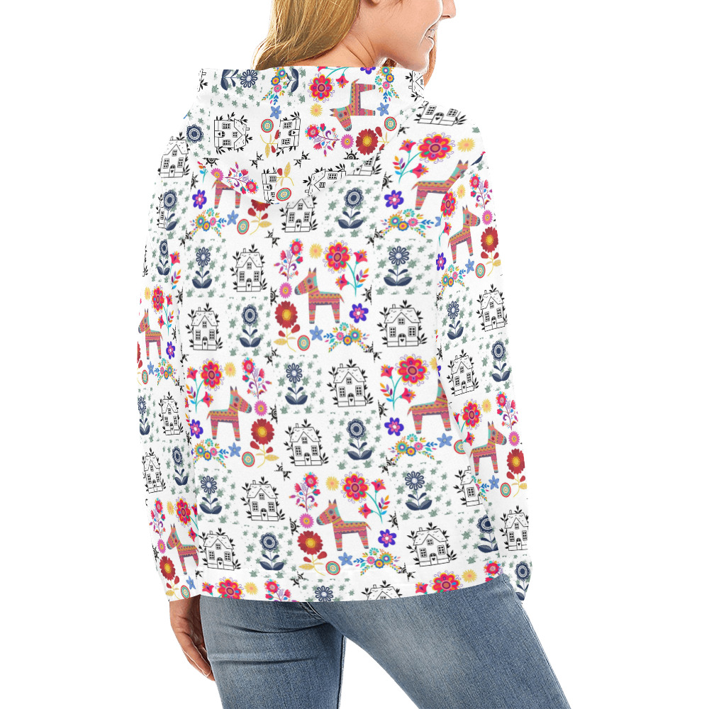 Alpaca Pinata With Blue House and Flowers Pattern All Over Print Hoodie for Women (USA Size) (Model H13)