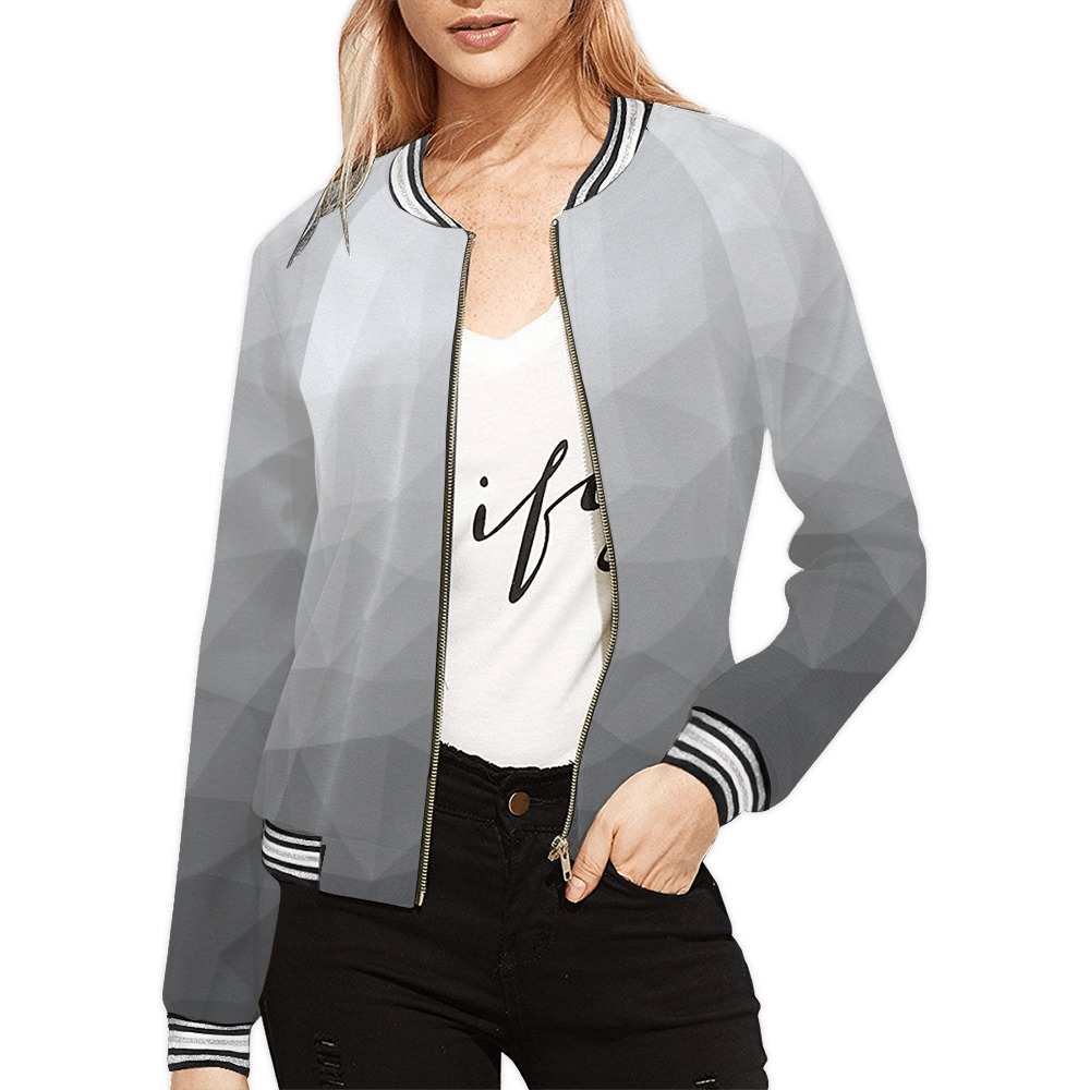 Grey Gradient Geometric Mesh Pattern All Over Print Bomber Jacket for Women (Model H21)