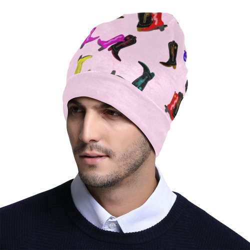 Colorful Cowboy Boots on Pink All Over Print Beanie for Adults
