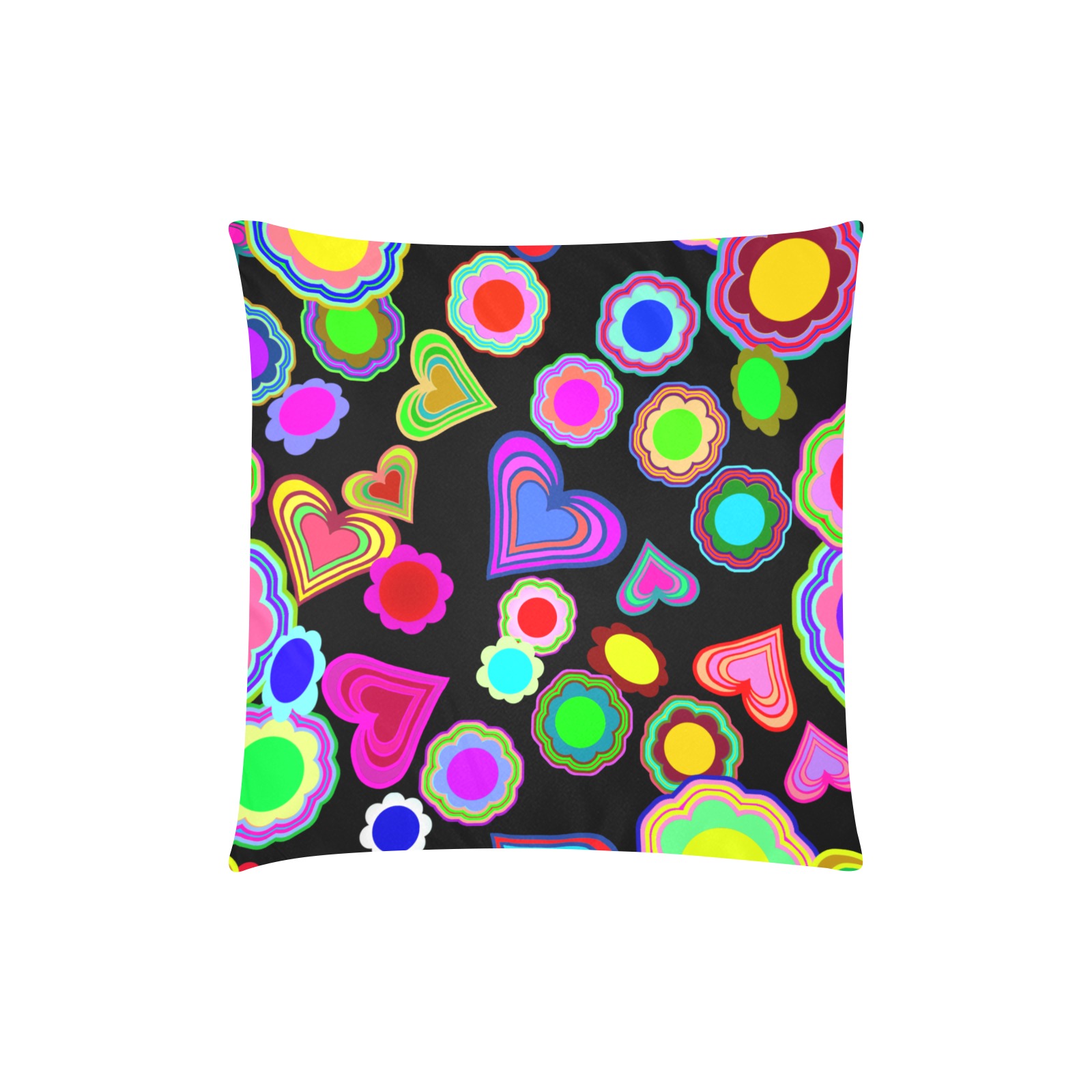 Groovy Hearts and Flowers Black Custom Zippered Pillow Cases 18"x18" (Two Sides)