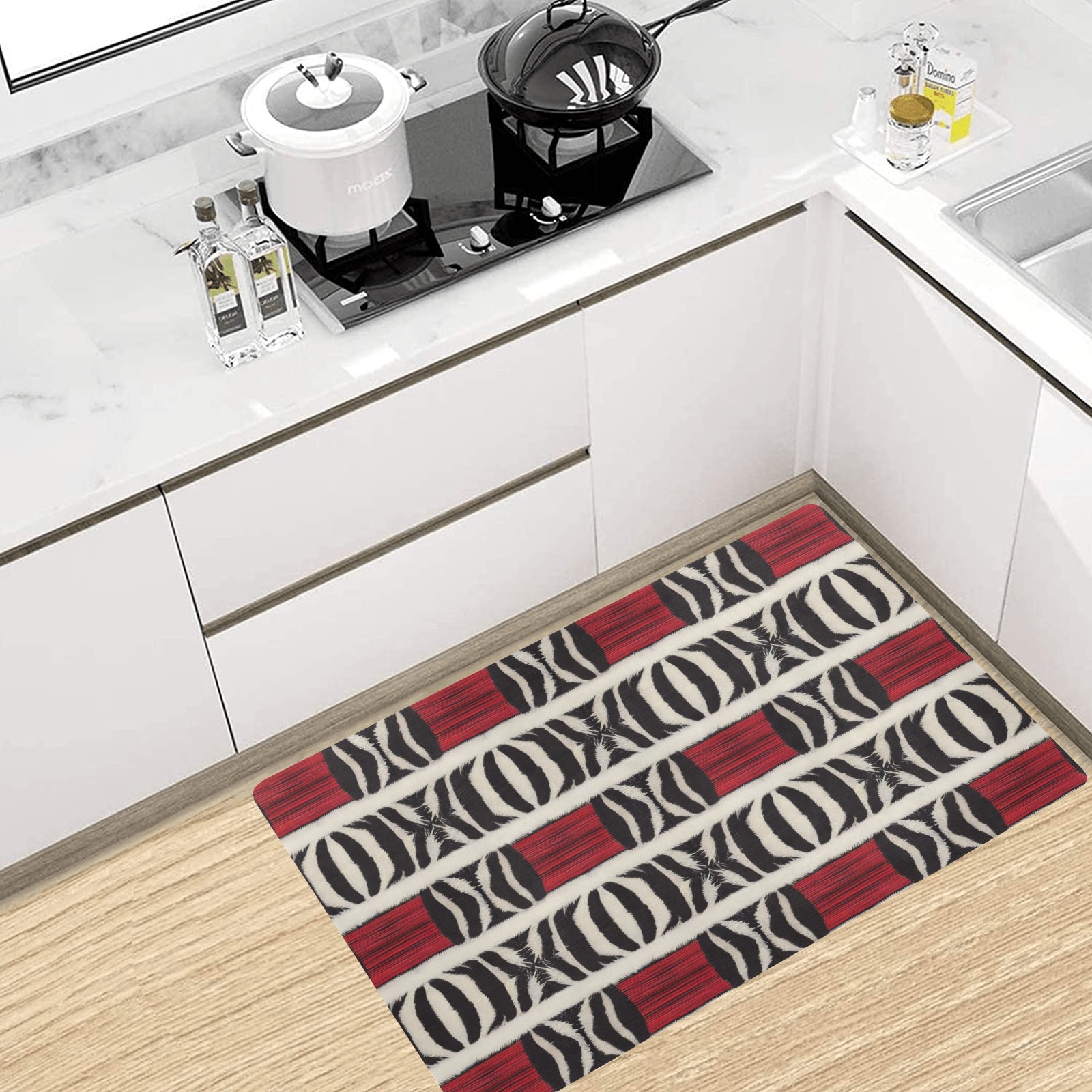 repeating pattern black and white zebra print with red Kitchen Mat 32"x20"