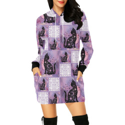 Purple Cosmic Cats Patchwork Pattern All Over Print Hoodie Mini Dress (Model H27)