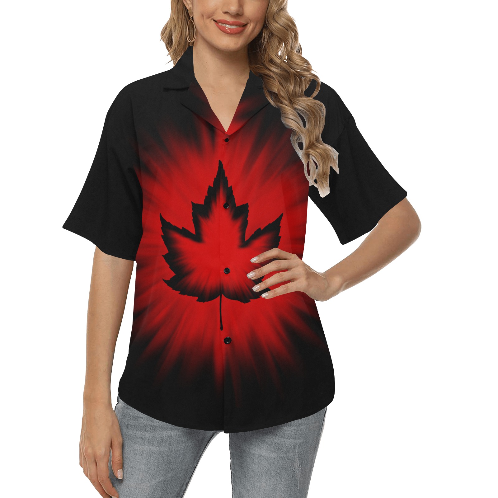 Canada Shirts Women's Cool Black All Over Print Hawaiian Shirt for Women (Model T58)