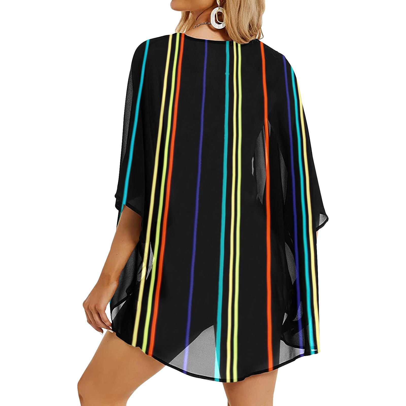 Bright Stripes on Black Field VERTICAL GIANT Women's Kimono Chiffon Cover Ups (Model H51)