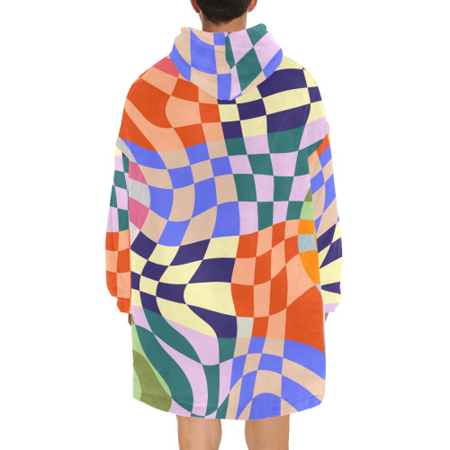 Wavy Groovy Geometric Checkered Retro Abstract Mosaic Pixels Blanket Hoodie for Men