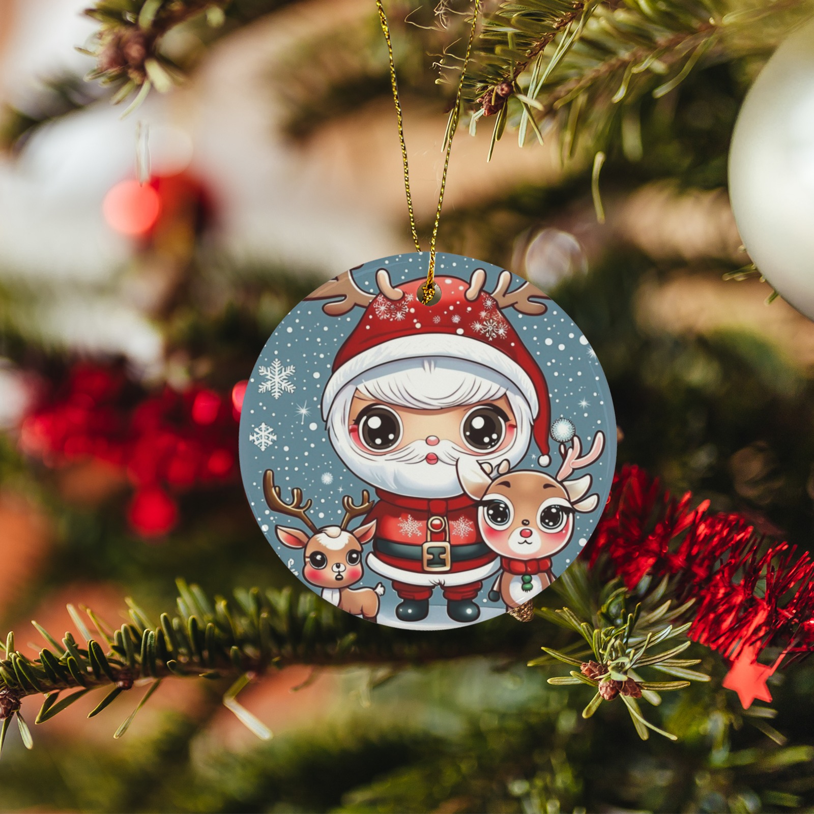 Santa and Reindeer 2 3 inch Round Ceramic Ornament