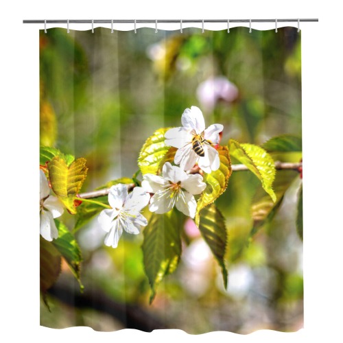 Small bee on a sakura flowers on a sunny day. Shower Curtain 72"x84"