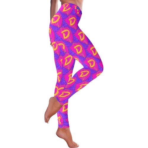 DIONIO Clothing - Women's Leggings (Pink, Blue & Gold Grand Prix Repeat D Shield Logo) Women's Low Rise Leggings (Invisible Stitch) (Model L05)