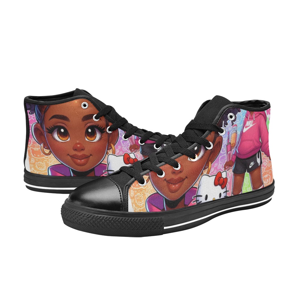 Untitled design (1) black design kid High Top Canvas Shoes for Kid (Model 017)