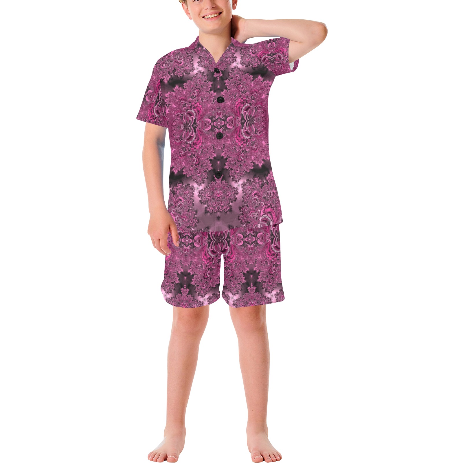 Pink Azalea Bushes Frost Fractal Big Boys' V-Neck Short Pajama Set