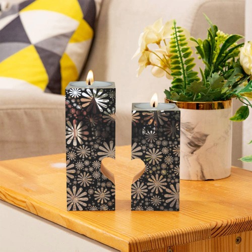 Abstract Beige Flowers Wooden Candle Holder (Without Candle)