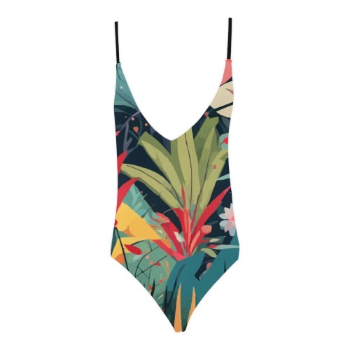 Tropical flowers, plants boho art on black. Sexy Lacing Backless One-Piece Swimsuit (Model S10)