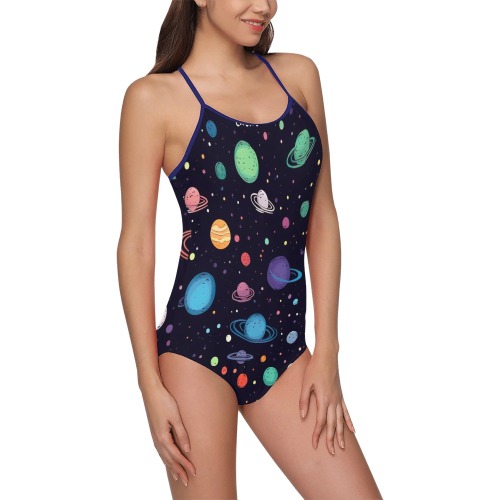 Colorful planets on black background Strap Swimsuit ( Model S05)