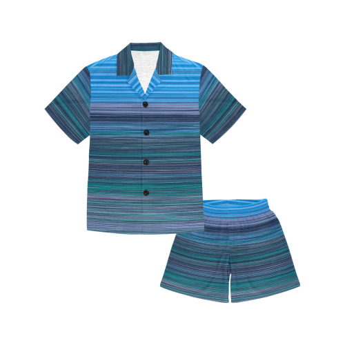 Abstract Blue Horizontal Stripes Big Girls' V-Neck Short Pajama Set
