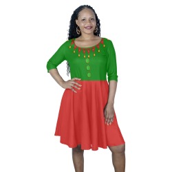 Green Red Elf Costume Half Sleeve Skater Dress (Model D61)