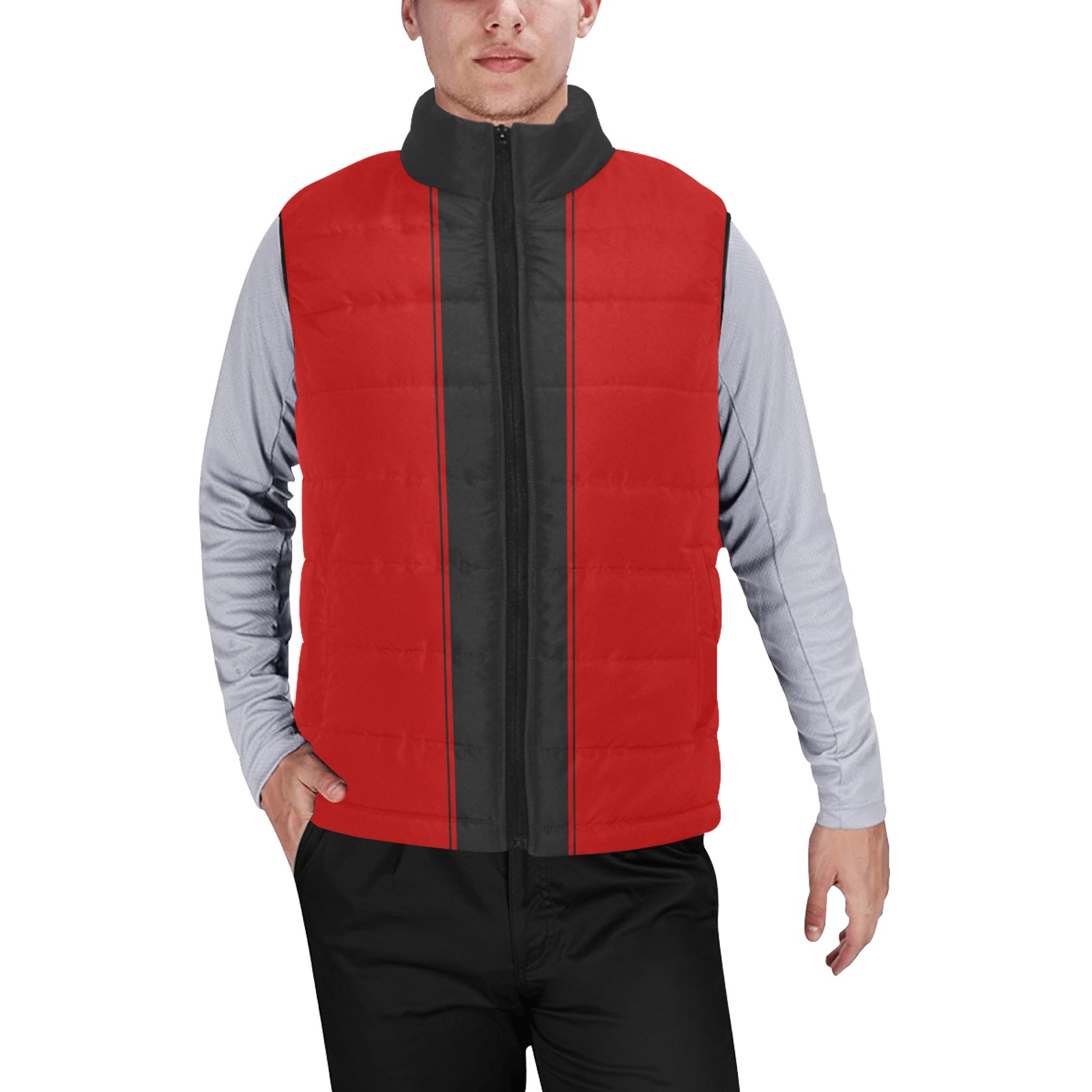 Red Black Stripe Racing Men's Padded Vest Jacket (Model H44)