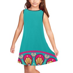 Vibrant Teal Colorful Border Party Dress Girls' Sleeveless Dress (Model D58)