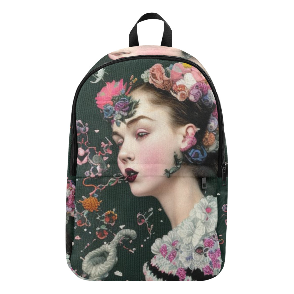 pretty girl breathing out flowers Fabric Backpack for Adult (Model 1659)