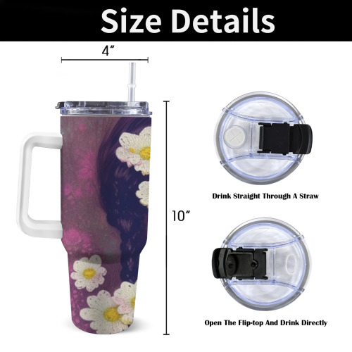 pretty victorian girl with white  knit flowers 40oz Tumbler with Handle