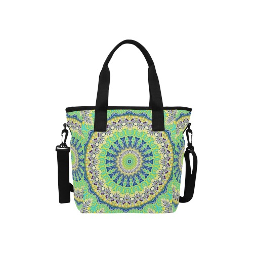 POWER MANDALA Blue Green Yellow Insulated Tote Bag with Shoulder Strap (Model 1724)