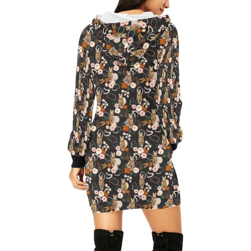FLOWERY WILD CAT II -01 All Over Print Hoodie Mini Dress (Model H27)