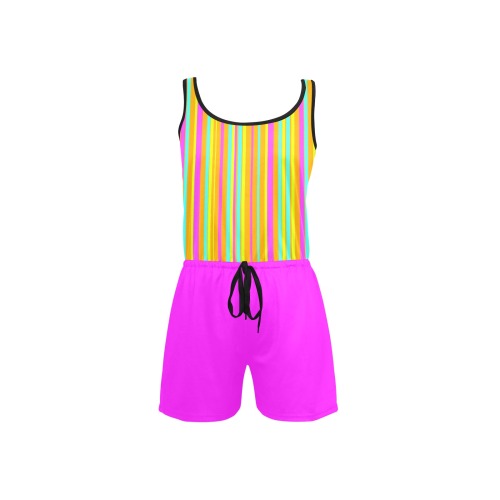 Neon Stripes Tangerine Turquoise Yellow Pink All Over Print Short Jumpsuit