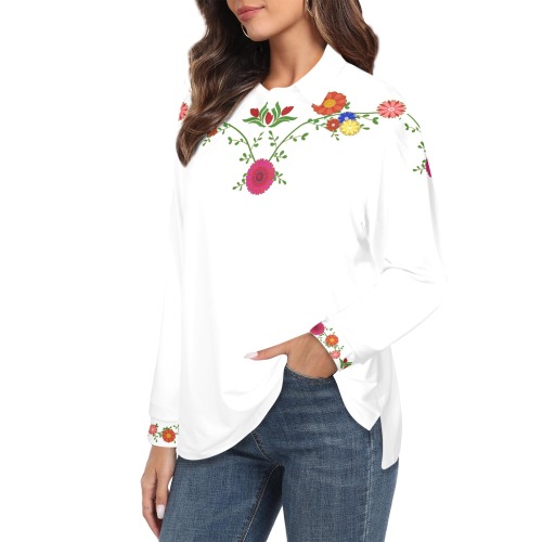 Flowers on the Vine Row / White Women's Long Sleeve Polo Shirt (Model T73)