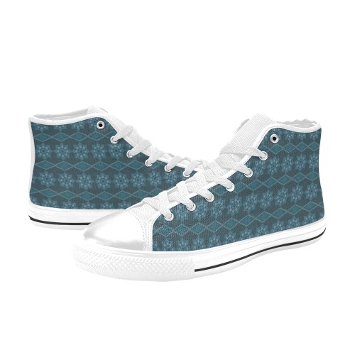 Turquoise Leafy floral Octagon and Diagonal pattern Women's Classic High Top Canvas Shoes (Model 017)