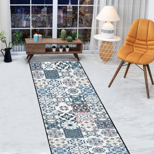 Mosaic Tiles in Blue Area Rug with Black Binding 9'6''x3'3''