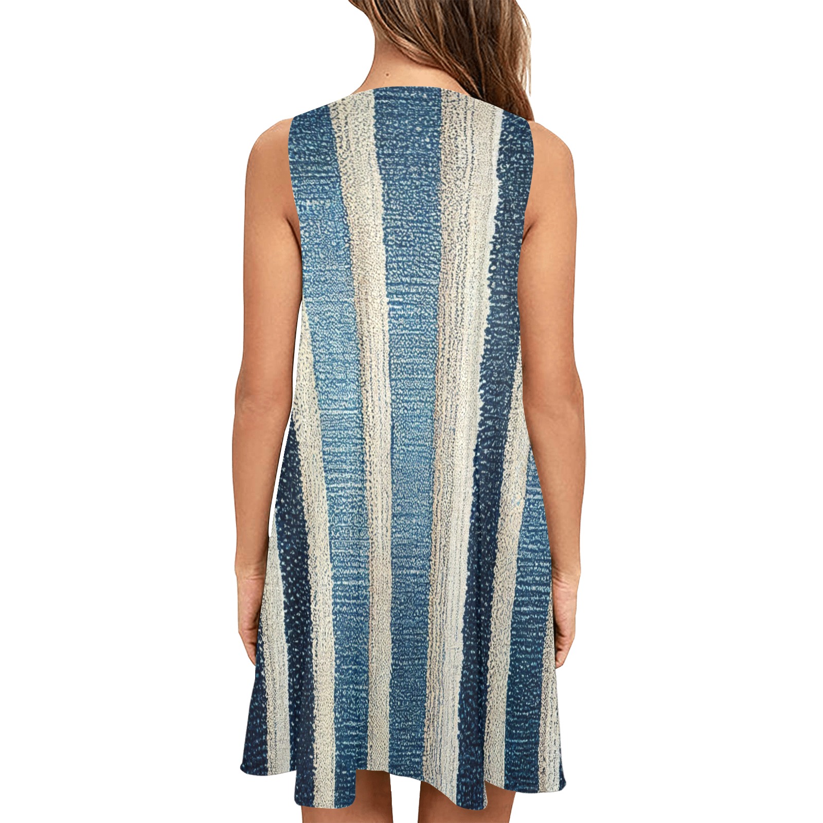 vertical striped pattern, blue and white Sleeveless A-Line Pocket Dress (Model D57)