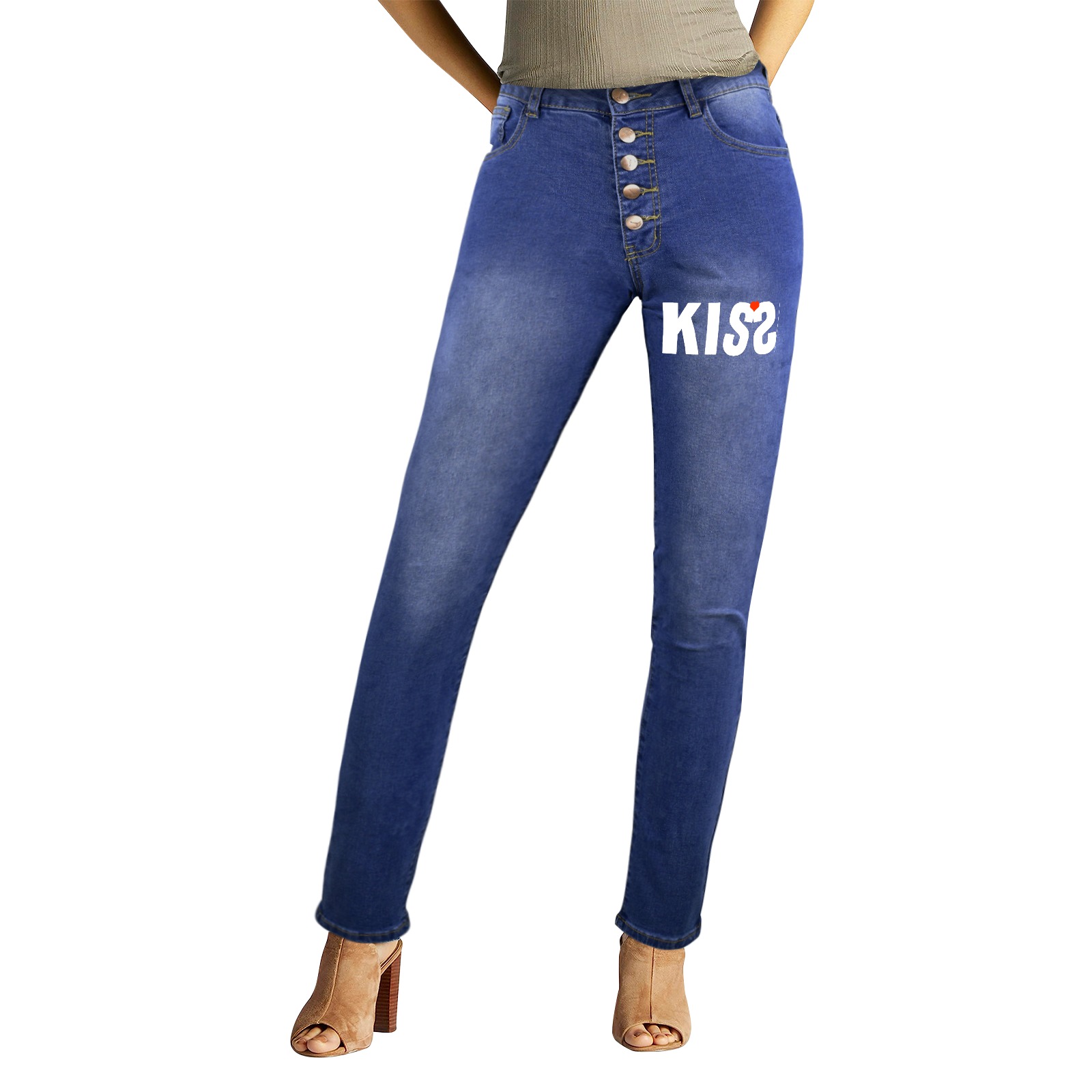 Funny elegant word KISS with the red heart image. Women's Jeans (Front&Back Printing)