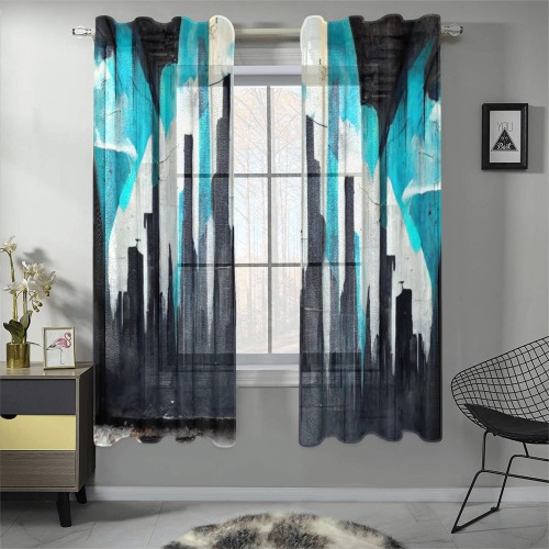 graffiti building's turquoise and black Gauze Curtain 28"x63" (Two-Piece)