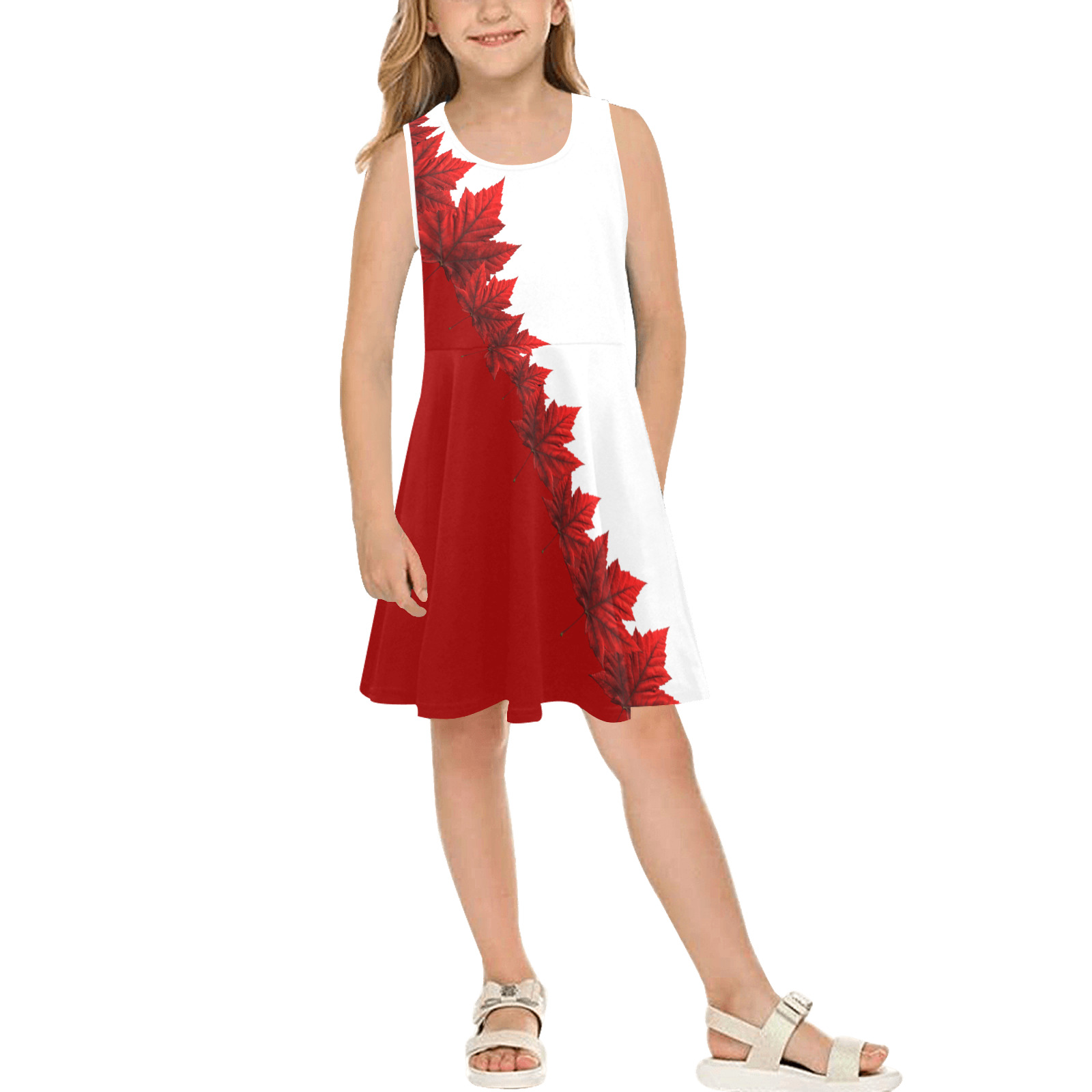 Girl's Canada Maple Leaf Dress Girls' Sleeveless Sundress (Model D56)