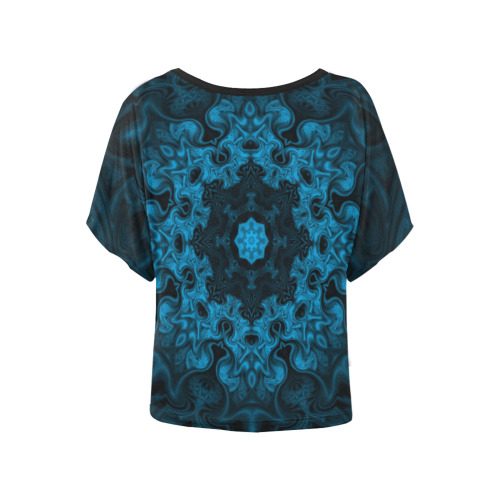 Blue and Black Fractal Mandala Women's Batwing-Sleeved Blouse T shirt (Model T44)