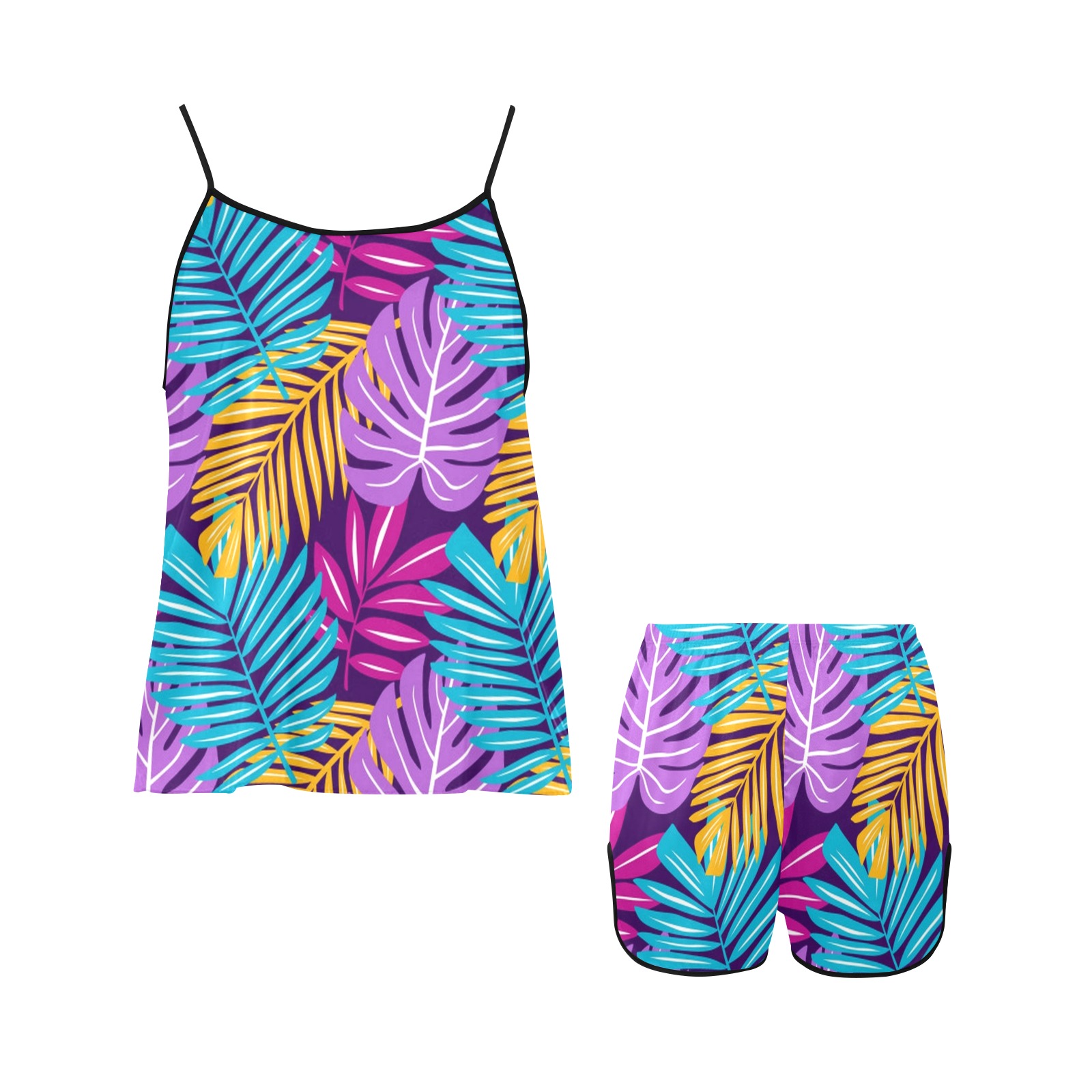 Tropical Palm Leaves Colorful Women's Spaghetti Strap Short Pajama Set