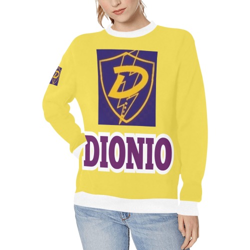 Dionio Clothing - Women's Crew Neck Sweatshirt (Yellow & Purple W/Big Logo & Name) Women's Rib Cuff Crew Neck Sweatshirt (Model H34)