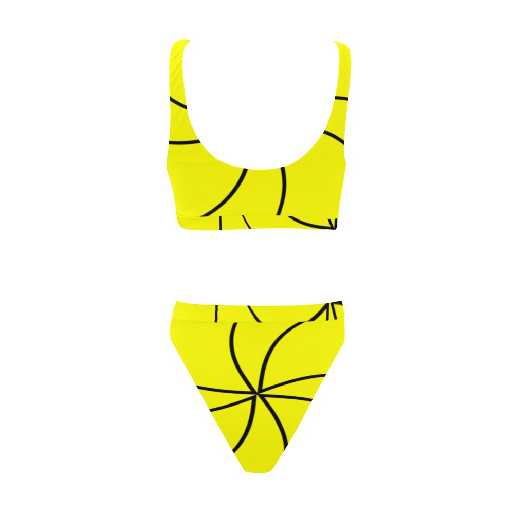 Black Interlocking Triangles Twirled Yellow Sport Top And High Waisted Bikini Swimsuit Model S07 0945