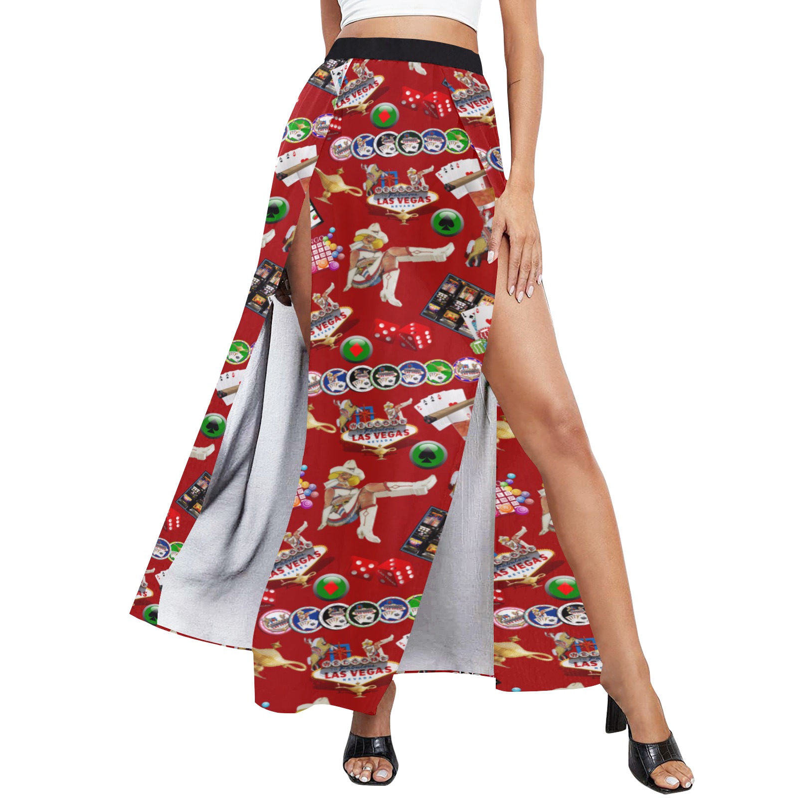 Las Vegas Gamblers Delight - Red High Slit Long Beach Dress (Model S40)