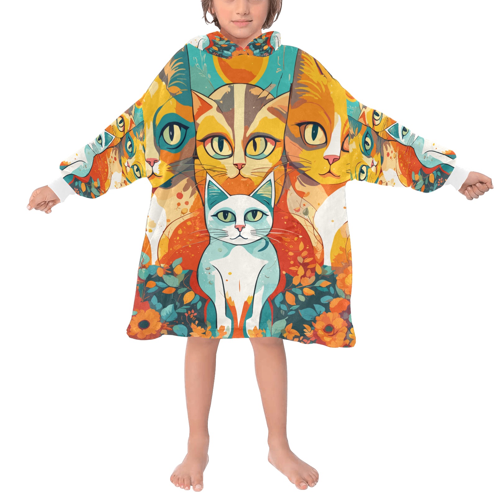 Adorable cute cat animals, flowers, and plants. Blanket Hoodie for Kids