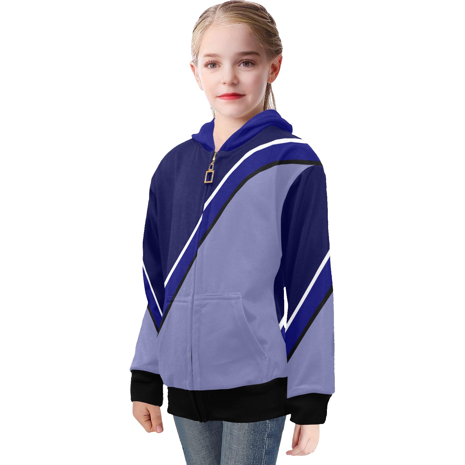 Diagonal Blue White Violet Big Girls' Zip Up Hoodie (Model H58)